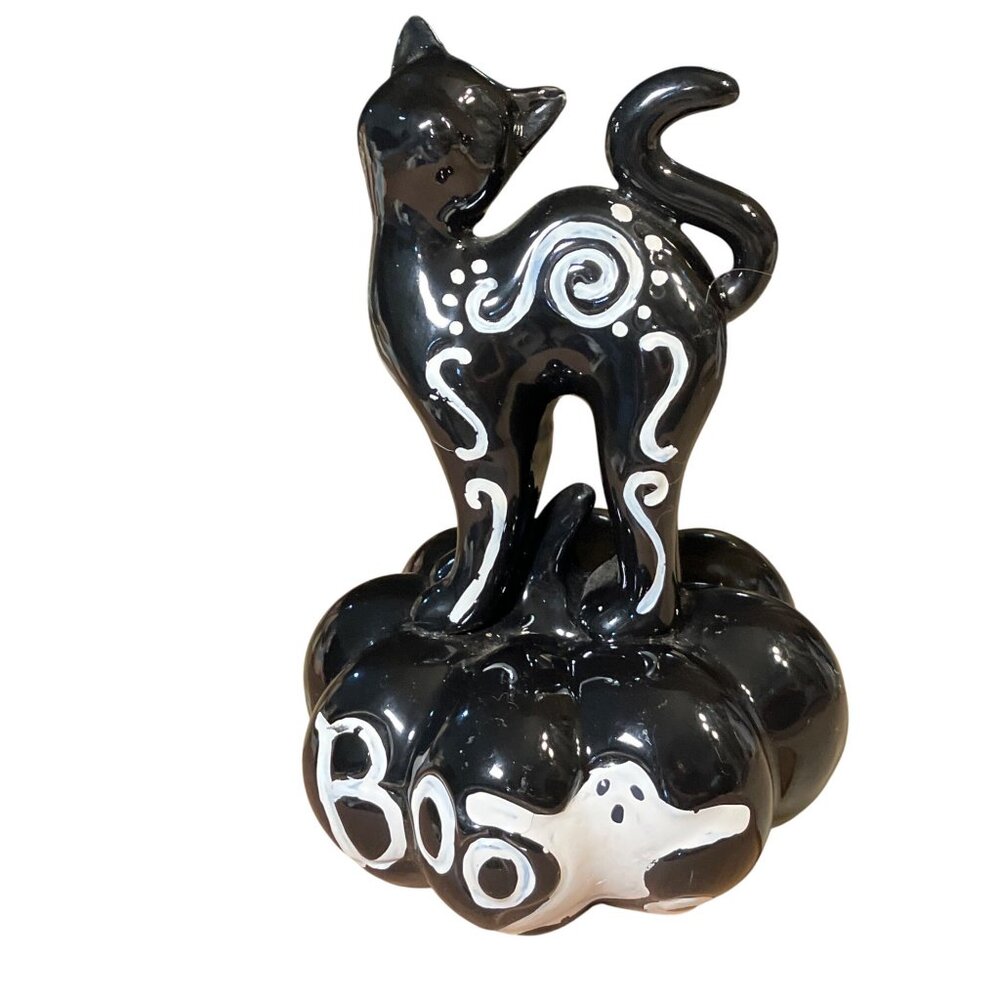 Ceramic Black Cat On Pumpkin Halloween Decor Figurine With White Ghost & "Boo" D